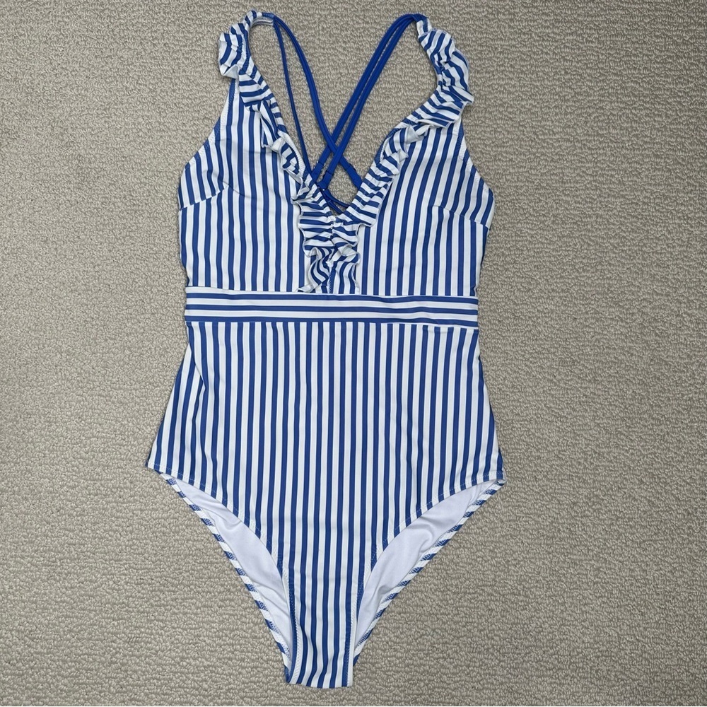 Cupshe‎ Blue and White Striped One Piece Swimsuit with Ruffled V-Neck Size L